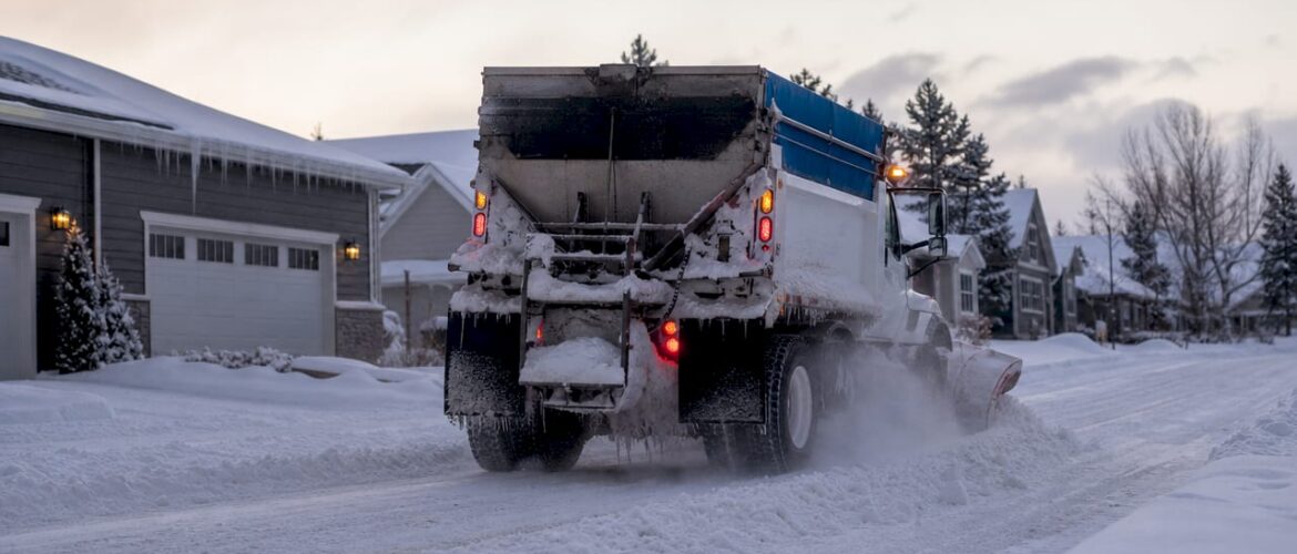 Truck with snow plow clearing parking lot snow