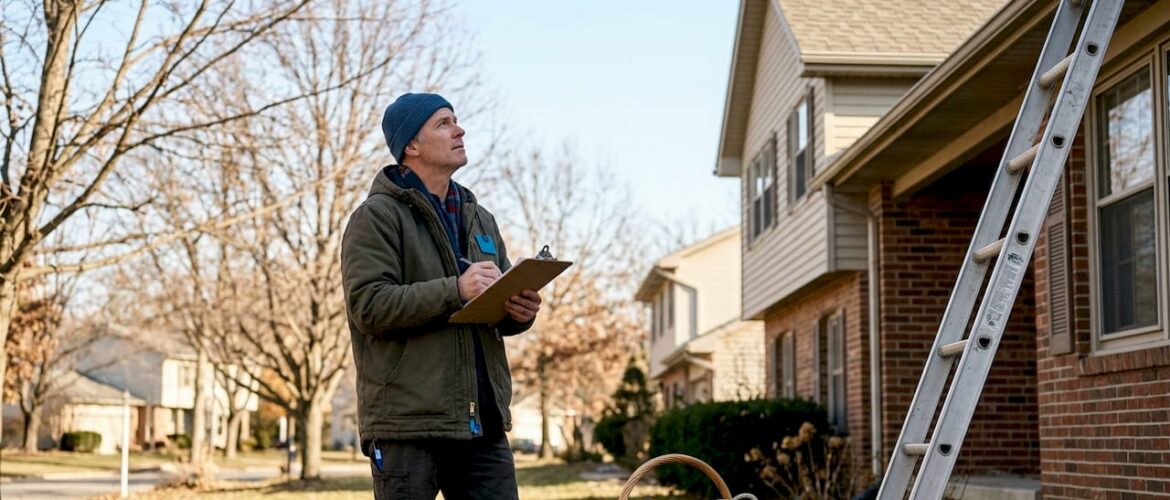Homeowner inspecting house gutters in fall morning