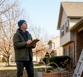 Homeowner inspecting house gutters in fall morning