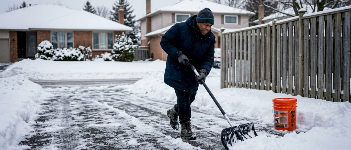Man shoveling snow on shared residential driveway
