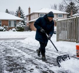 Man shoveling snow on shared residential driveway