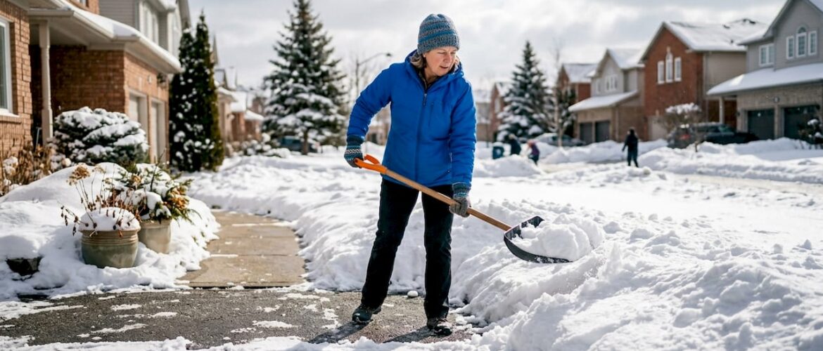 Resident shoveling snow on suburban sidewalk