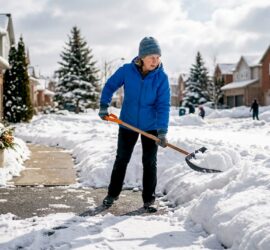 Resident shoveling snow on suburban sidewalk