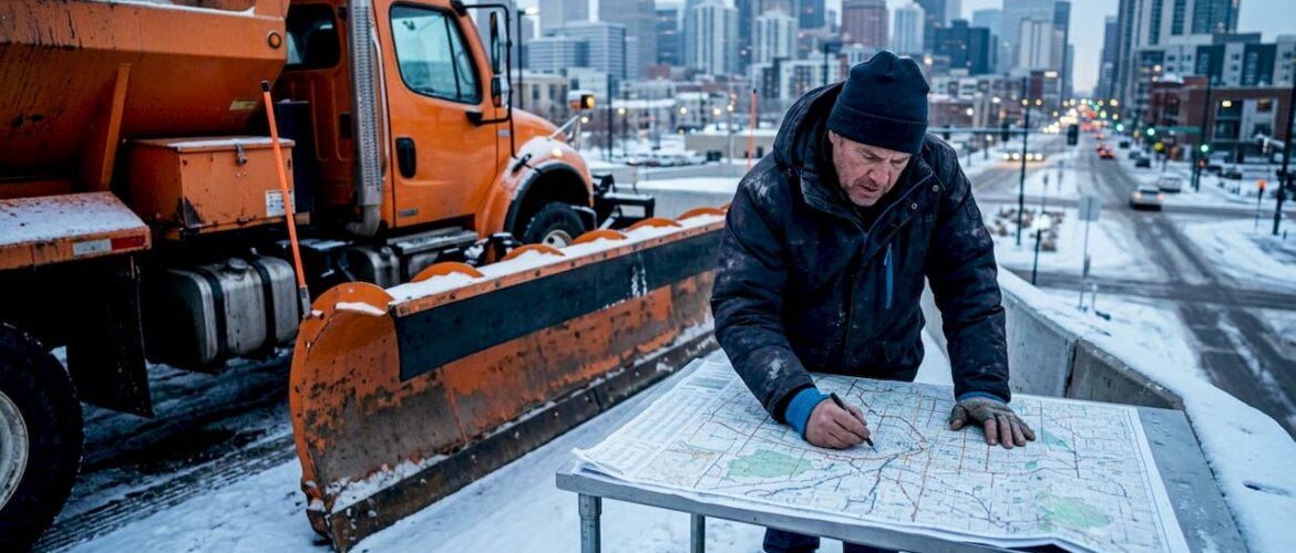 Man inspecting snow plow truck at dawn outdoors