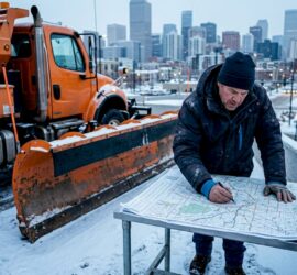 Man inspecting snow plow truck at dawn outdoors