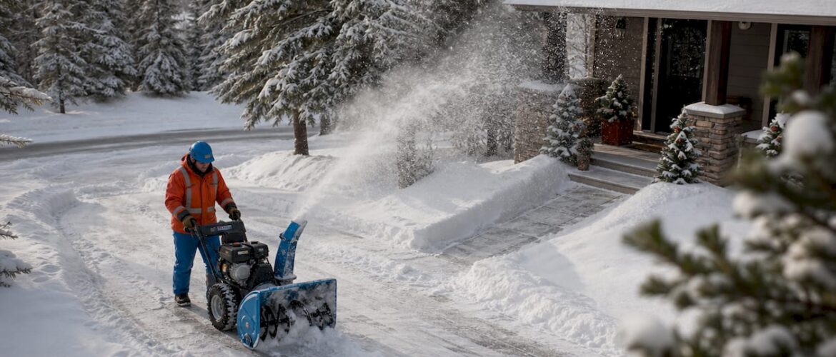 Snow technician clearing residential driveway