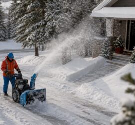 Snow technician clearing residential driveway