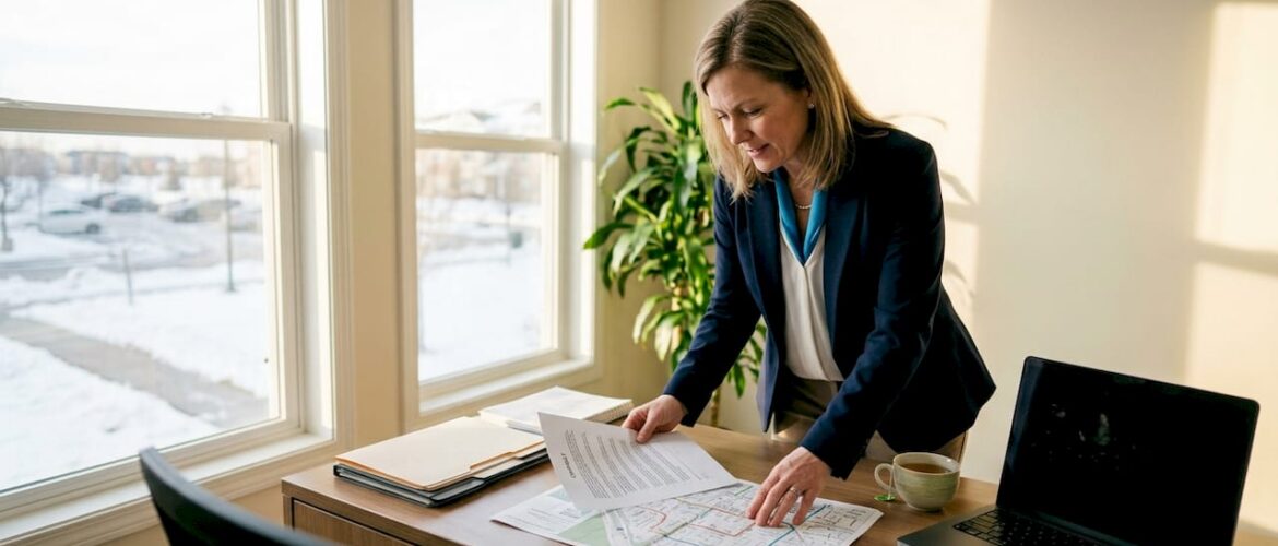 Property manager reviewing snow removal contract at desk