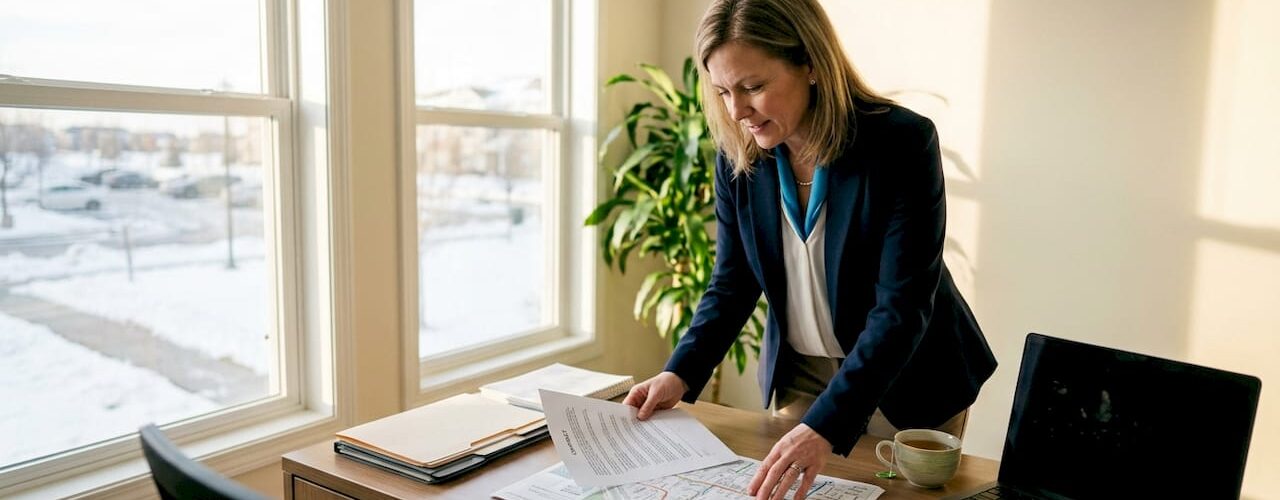 Property manager reviewing snow removal contract at desk