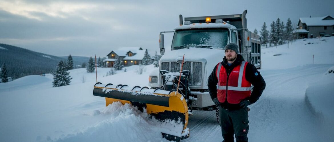 Technician with truck-mounted snow plow in snowy neighborhood