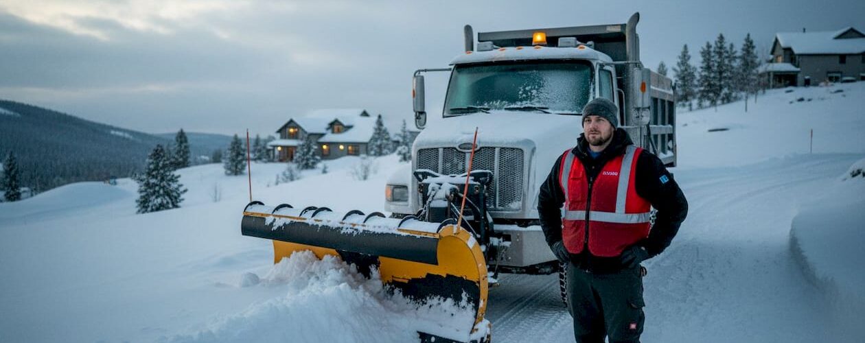 Technician with truck-mounted snow plow in snowy neighborhood