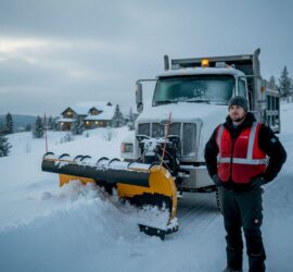 Technician with truck-mounted snow plow in snowy neighborhood