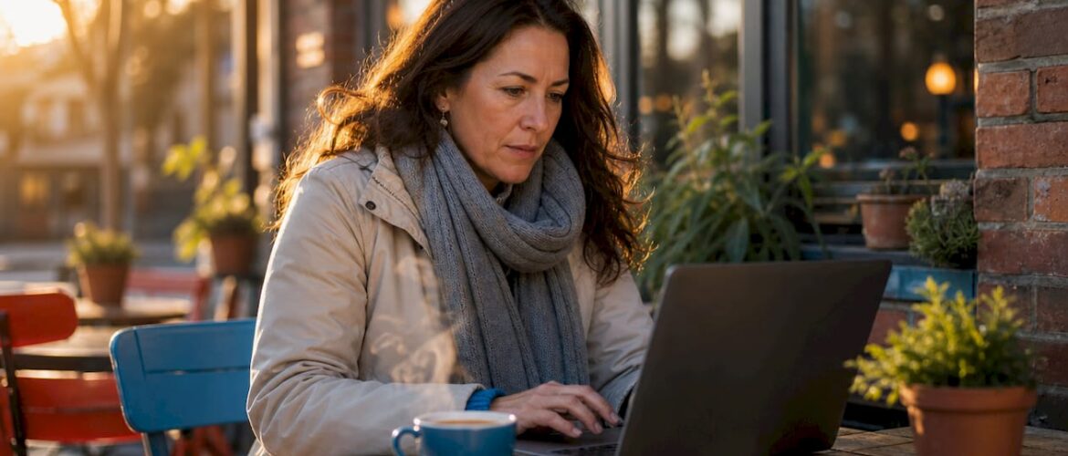 Woman researching snow removal discounts on laptop