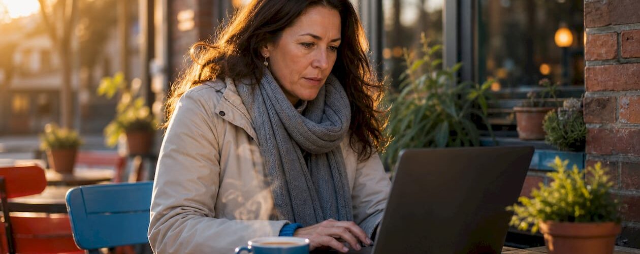 Woman researching snow removal discounts on laptop