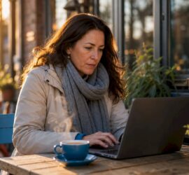 Woman researching snow removal discounts on laptop