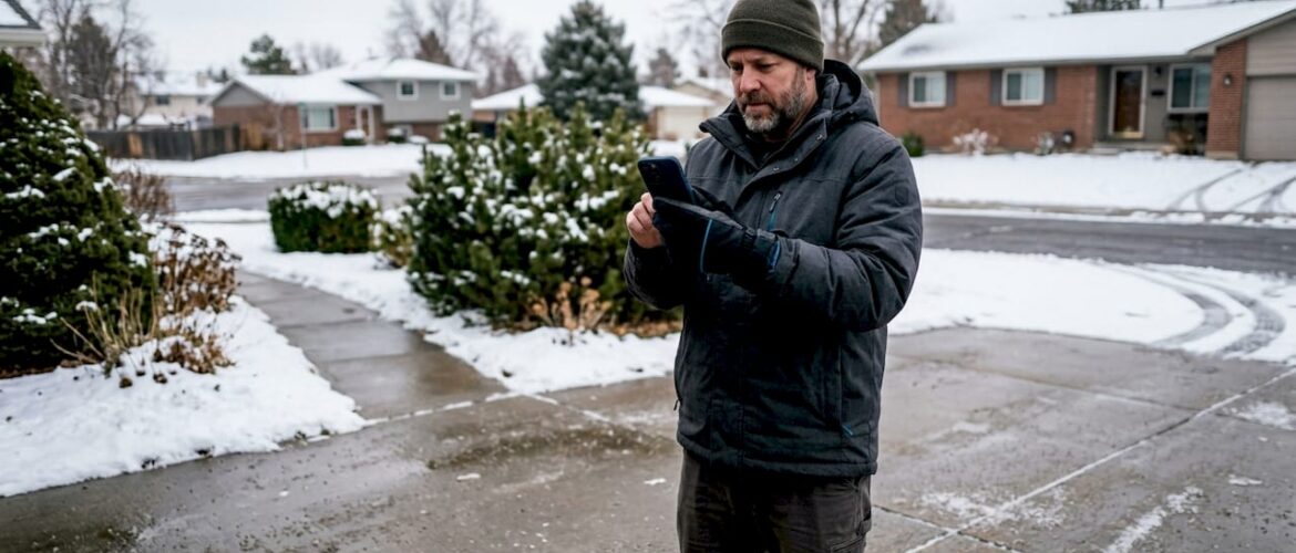 Contractor documenting snow removal outdoors with smartphone