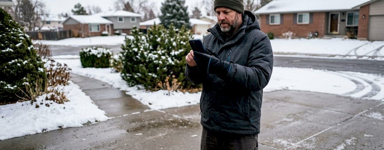 Contractor documenting snow removal outdoors with smartphone
