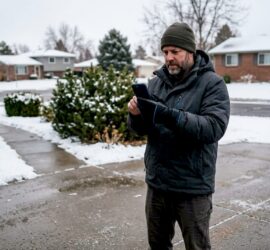 Contractor documenting snow removal outdoors with smartphone
