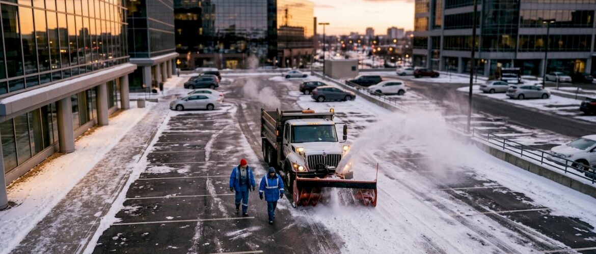 Snow plow clearing commercial parking lot early morning