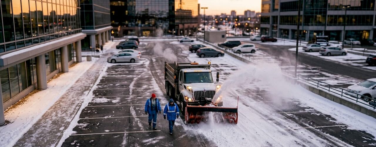 Snow plow clearing commercial parking lot early morning