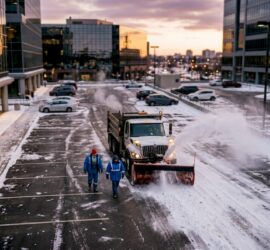 Snow plow clearing commercial parking lot early morning