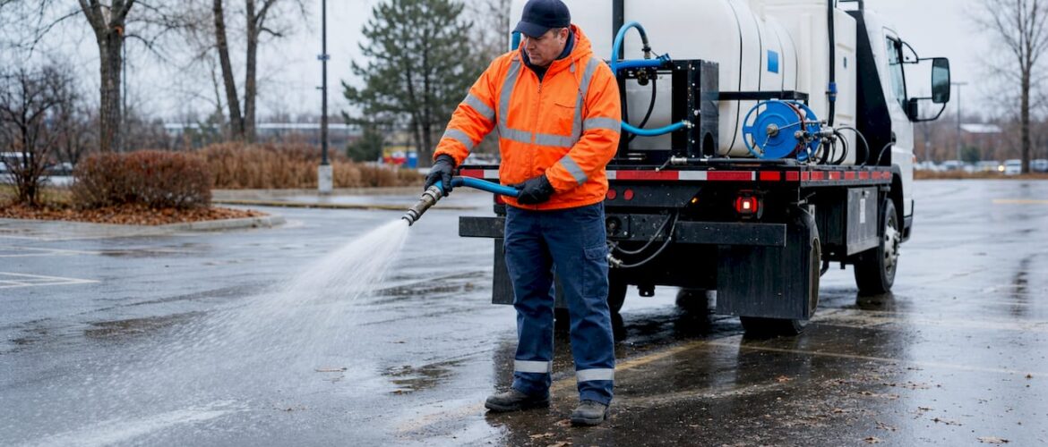 Technician spraying pre-treatment liquid on parking lot