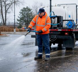Technician spraying pre-treatment liquid on parking lot