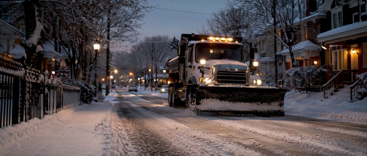 Snowplow clearing full width of residential street