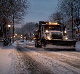 Snowplow clearing full width of residential street