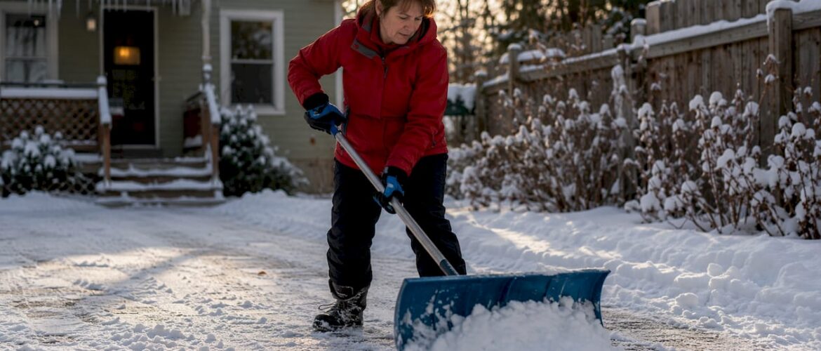 Woman shoveling snow from driveway