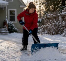 Woman shoveling snow from driveway