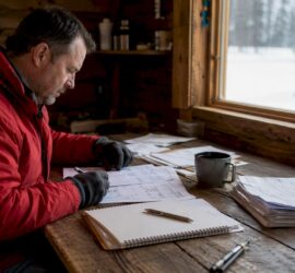Contractor reviewing snow removal costs at desk
