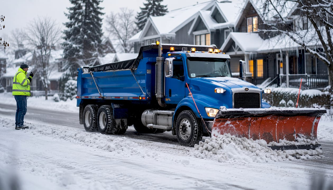 Snow removal crew plowing residential street