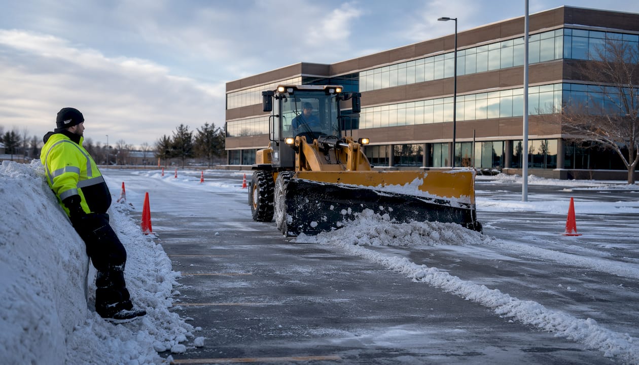 Contractor plowing snow in commercial parking lot