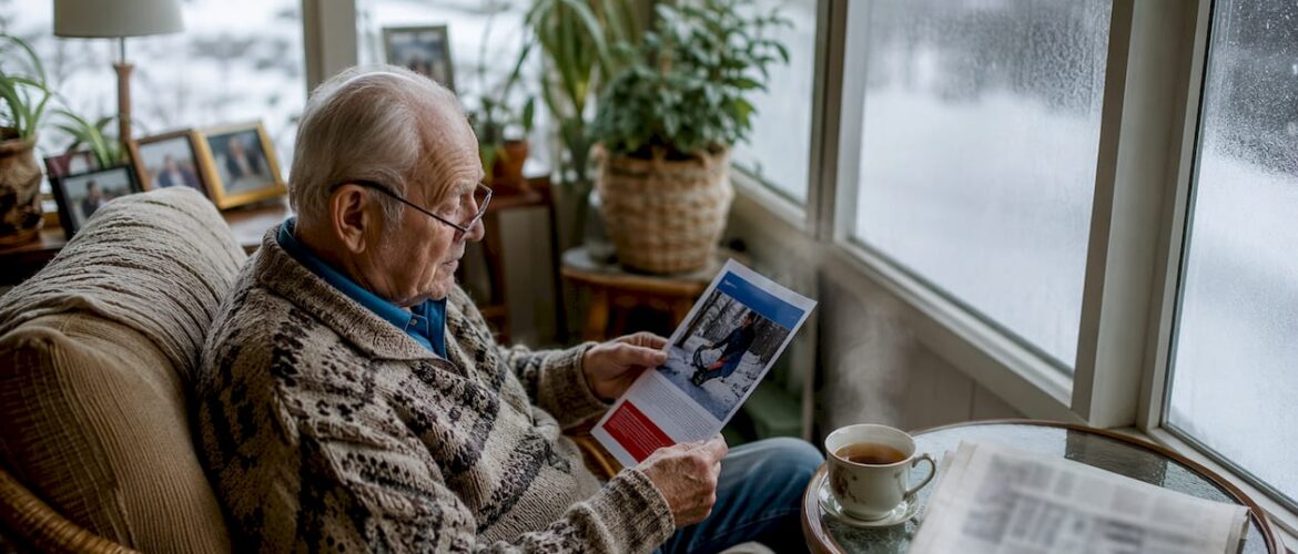 Homeowner reviewing snow removal brochure indoors