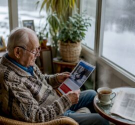 Homeowner reviewing snow removal brochure indoors