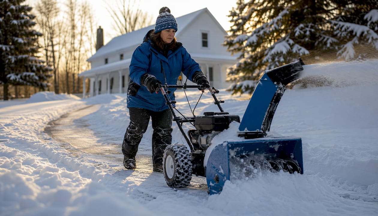Woman using snow blower on residential driveway