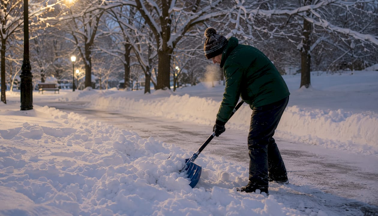 Hands gripping snow shovel outdoors in winter