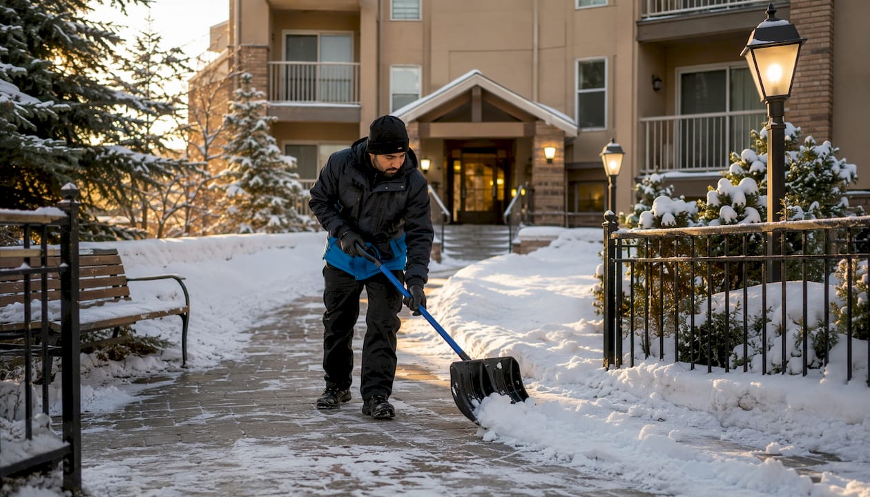 Maintenance worker clearing snow at apartment building