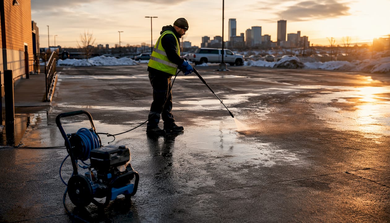 Worker power washing asphalt for striping preparation