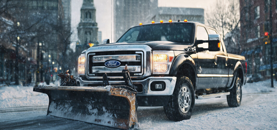 Black Ford pickup with a large snow plow attached, driving through a snowy city street at dusk with buildings in the background.
