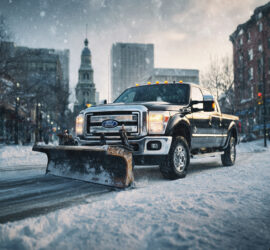 Black Ford pickup with a large snow plow attached, driving through a snowy city street at dusk with buildings in the background.
