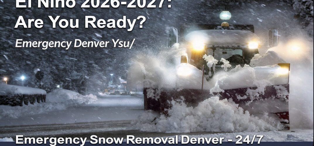 Banner image of a snowplow clearing a snowy street at night with bold text: 'El Niño 2026-2027: Are You Ready?' and contact info for Emergency Snow Removal Denver service, 24/7, DenverSnowRemovals.com 303-591-2089