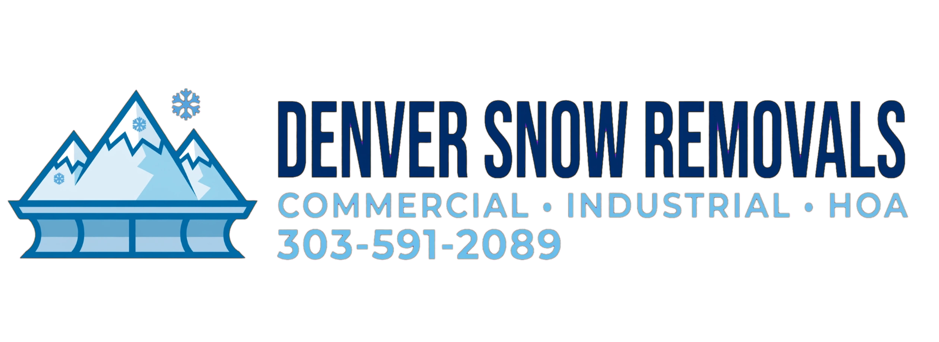 Denver Snow Removals logo with blue mountains, snowflakes, and the text 'Commercial • Industrial • HOA' and phone number 303-591-2089, on a black background.