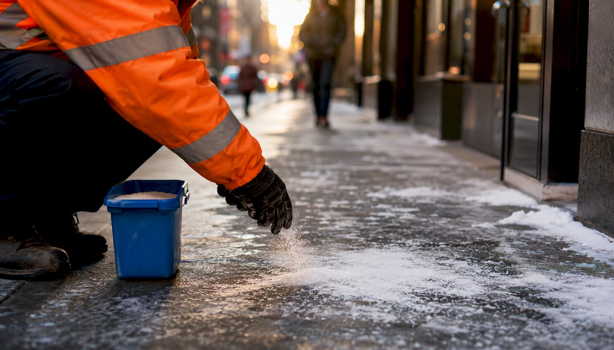 Hands salting icy walkway for snow removal safety