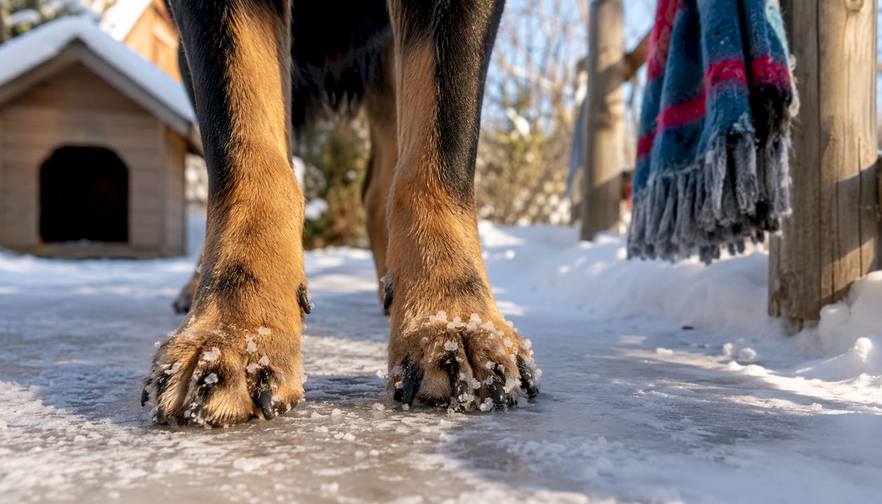 Close-up of dog's paws on pet-safe ice melt surface