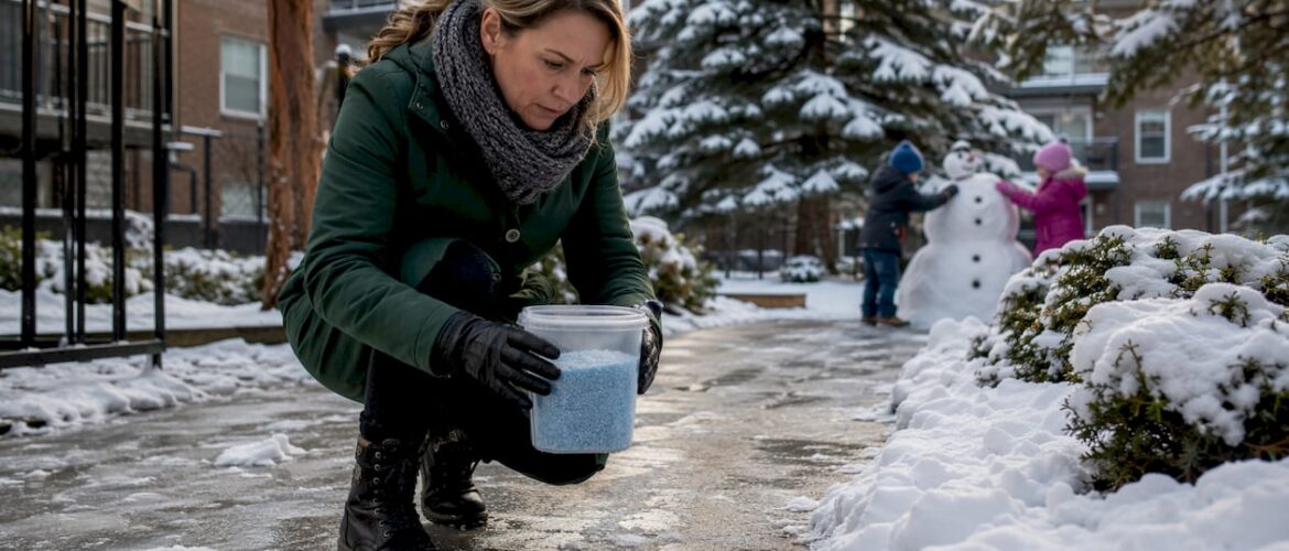Property manager inspecting pet-safe ice melt outdoors