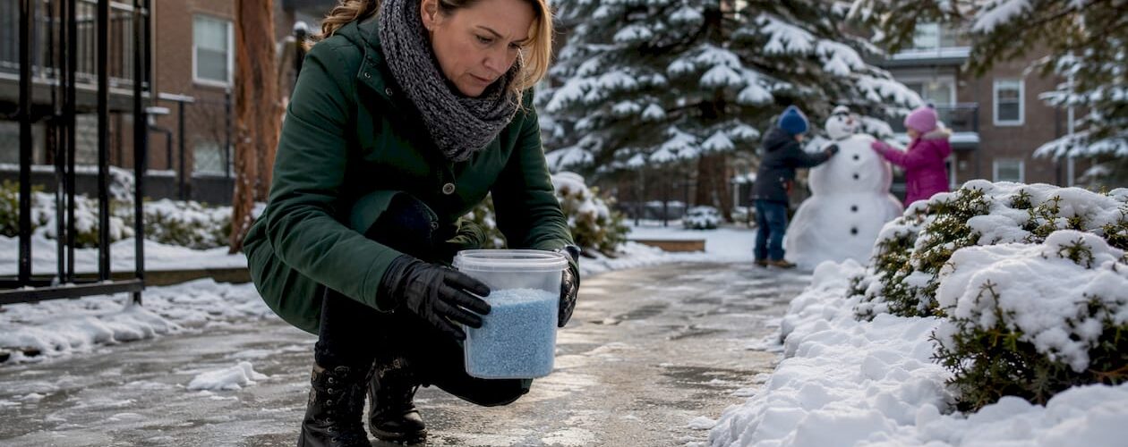 Property manager inspecting pet-safe ice melt outdoors