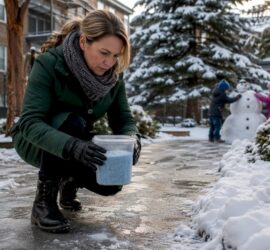 Property manager inspecting pet-safe ice melt outdoors