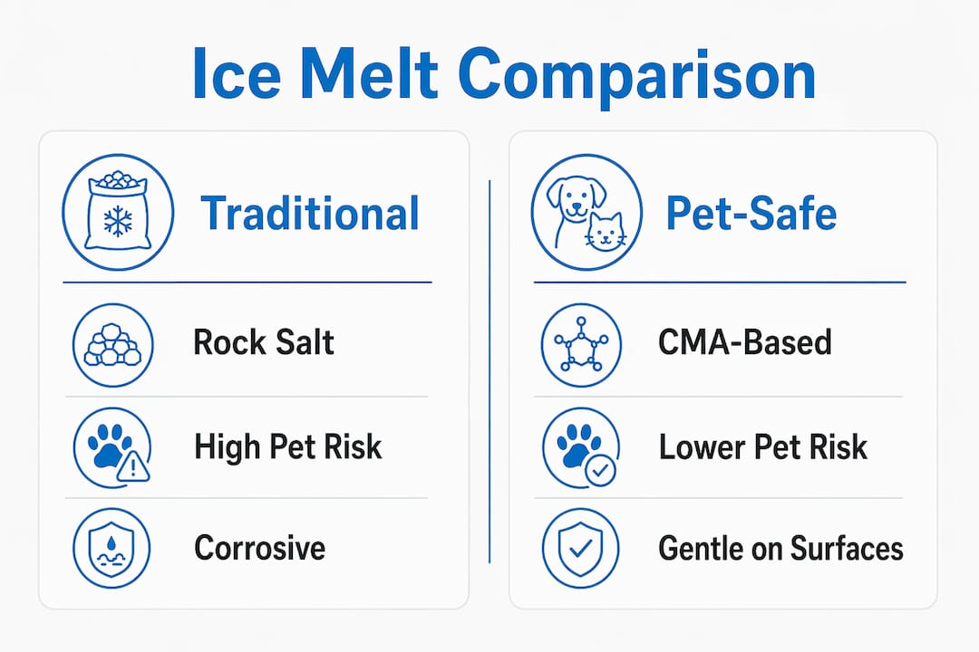 Infographic comparing pet-safe and traditional ice melts